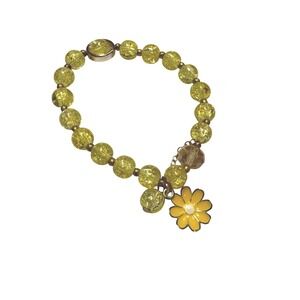NWOT Yellow Crackle Glass Beaded Stretch Bracelet Daisy Flower Charm Floral Y2K